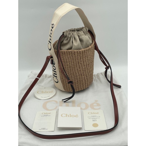 NEW CHLOE SMALL WOODY BASKET BUCKET RAFFIA STRAW SHOULDER BAG PURSE - Picture 5 of 14